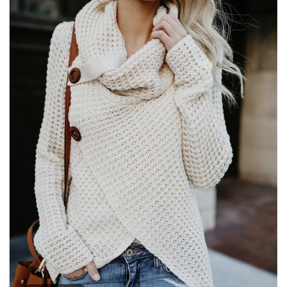 The ZigZag Stripe Women XL Cartilage Sweater Oatmeal Waffle Knit Asymmetrical